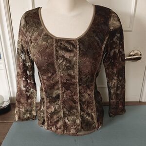90s Y2K green and brown lace overlay 3/4 sleeve top, witchy, nature, fairy